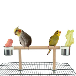 GUANLANT Bird Feeder & Water Dish Set Beech Wood Made Cage Top Bird Feeder Perch with Stainless Steel Cups Playground Accessories for Parrots Cockatiels Finches