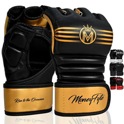 MoneyFyte Crown MMA Gloves for Men & Women Martial Arts Punching Bag Gloves UFC Grappling Fighting & Kickboxing Gloves Pre-Curved Half Finger Boxing Sparring Glove (Gold S)