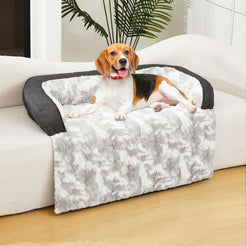 Dog Couch Bed for Large Dog 35x31 Inch Waterproof Fluffy Plush Couch Bed for Pets Memory Foam Calming Dog Bed Mats with Handle Removable Washable Cover Protector for Sofa Furniture Grey