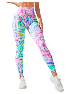 GORGLITTER Womens Graphic Printed Leggings High Waisted Tummy Control Yoga Pants Workout Running Leggings Pink Medium