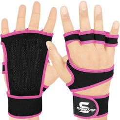 SAWANS Gym Fitness Ventilated Gym Gloves Weight Lifting Anti Slip Padded Palm Protection Hand Grips Wrist Support Wraps for Pull Ups Bodybuilding Powerlifting Training for Men & Woman (Pink XL)