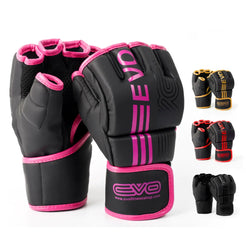 EVO Fitness Matte Black MMA Gloves Martial Arts Mitts Grappling Sparring Men Muay Thai Cage Fighting Boxing Combat Sports Women Pink UFC Punching Bag Training (Pink Small)