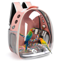 Bird Travel Backpack Carrier Bird Cage for Small Medium Size Bird Parakeet Budgies Cockatiel Space Capsule Clear Bubble Window with Stainless Steel Tray Food Bolw Standing Perch (Pink)